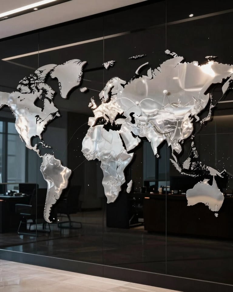 A luxury office interior focusing on a large, illuminated silver world map on a black glass wall, symbolizing global reach and trade connectivity. Global / International.