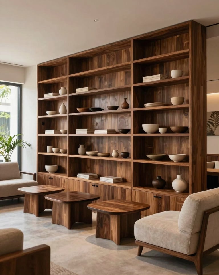Wide shot of a minimalist, high-end commercial lounge in Rio de Janeiro, showcasing a large custom-built wall unit in dark brown wood. The space is inviting and contemporary with South American flair.
