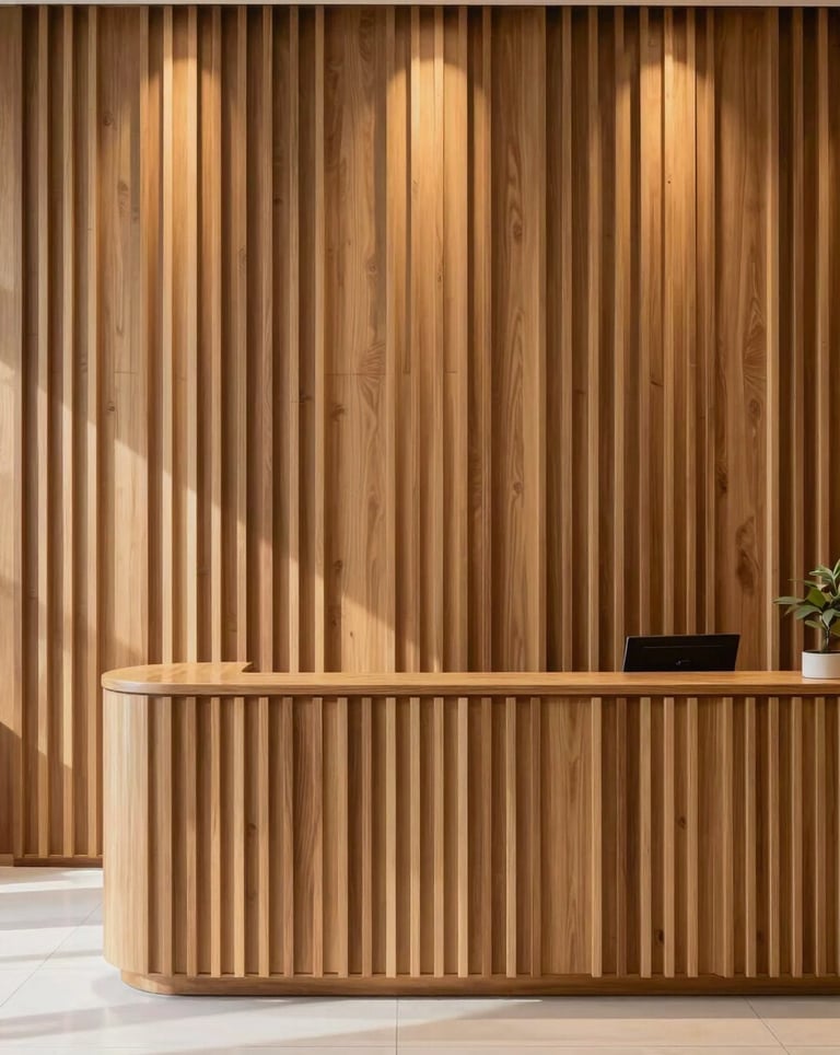 A stunning, completed commercial project: a luxury reception area with a feature wall of vertical light brown wood slats. Modern lighting casts soft shadows, creating a sophisticated Brazilian atmosphere.