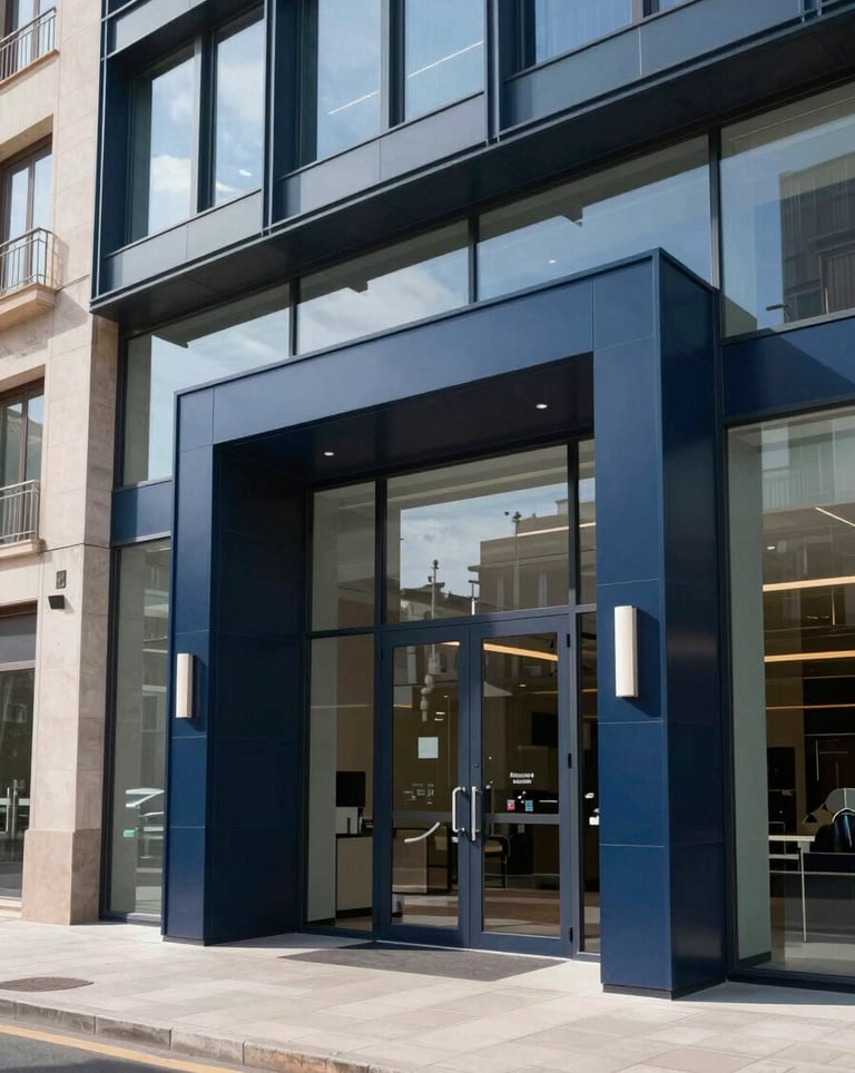 A professional portrait of a modern business building entrance with sleek navy blue and glass finishes. The setting is a clean, upscale commercial district in the Iberian Peninsula during bright daylight.