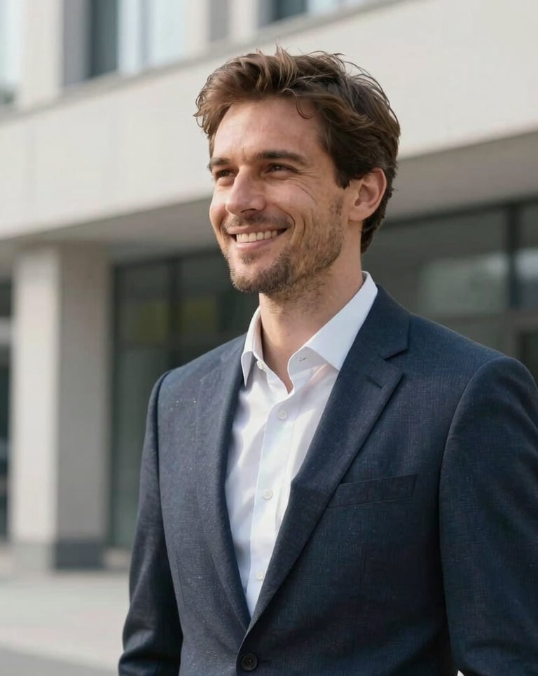 A confident Central European businessman in smart-casual business attire looking ahead with a warm, professional smile, outdoor modern architecture backdrop, soft bright lighting, inspiring trust.