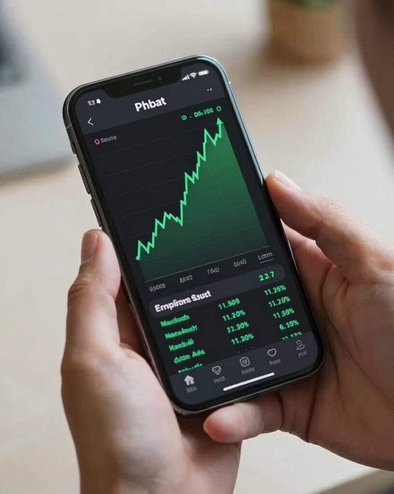 A high-quality close-up of a premium smartphone displaying a financial application with upward-trending green data, clean hands of a business person holding it, Central European setting, professional look.