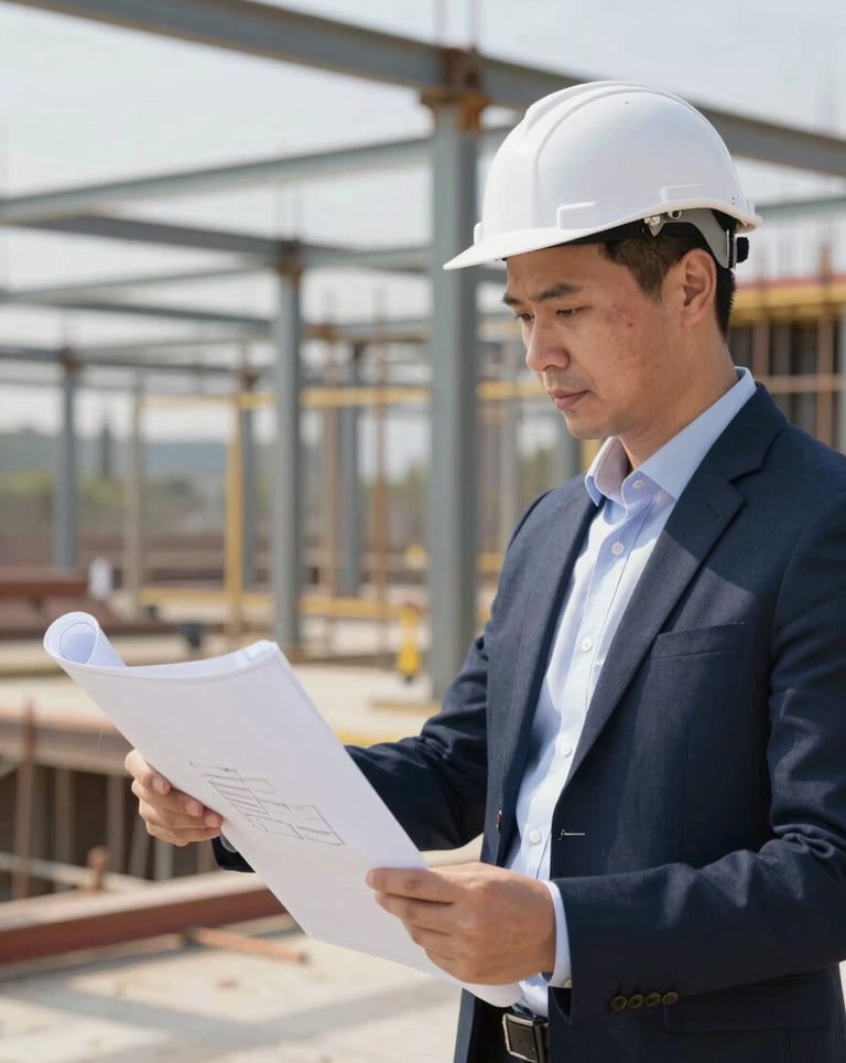 Builder and architect in professional attire reviewing blueprints on a structured construction site with steel framing in the background. Professional and trust-building.