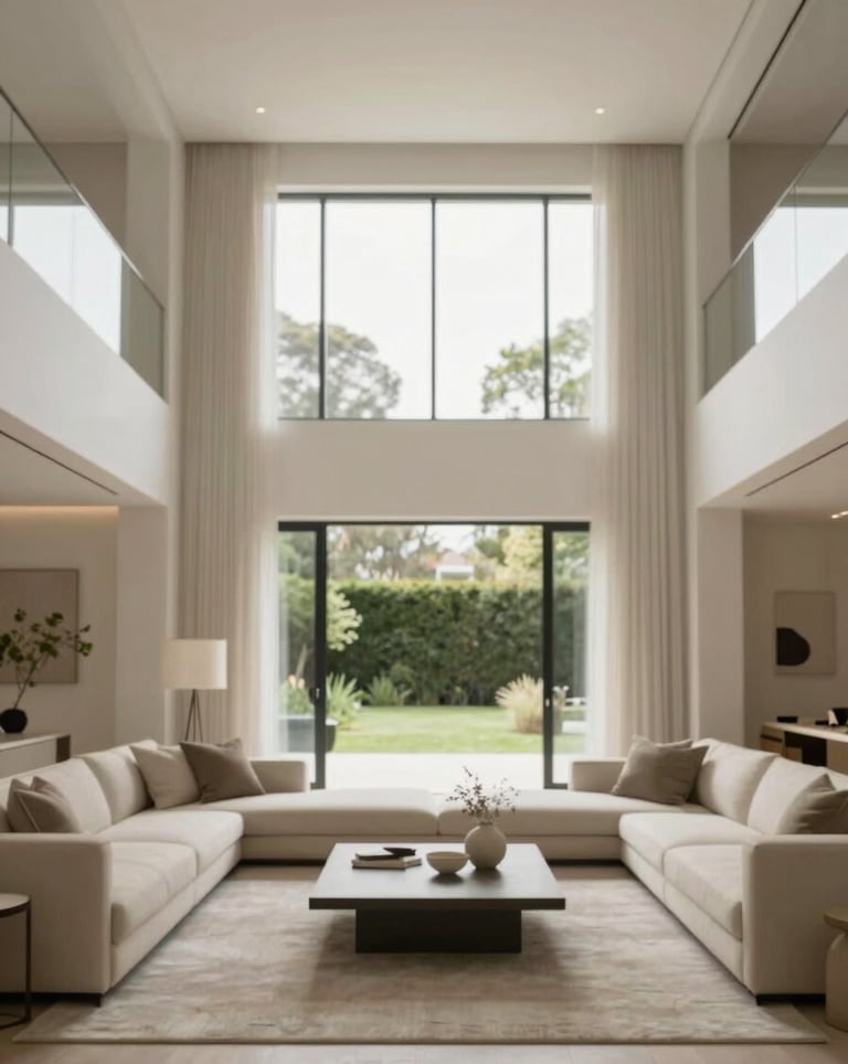 Interior of a spacious, high-ceilinged living room in a luxury NSW home. Minimalist decor with neutral tones of #F5F2ED and #C8B8A3. Large windows looking out to a garden.