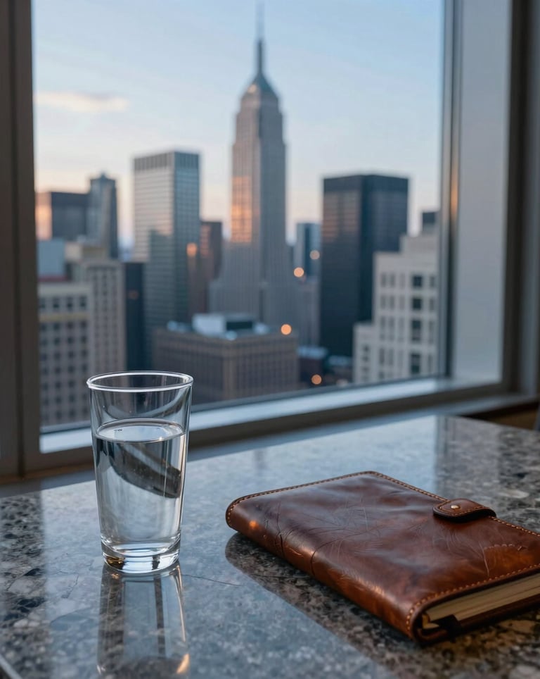 A view from a high-floor corner office in a major North American financial center. A glass of water and a leather-bound notebook sit on a polished stone table. The city below is sharp and clear, bathed in the blue light of early evening.