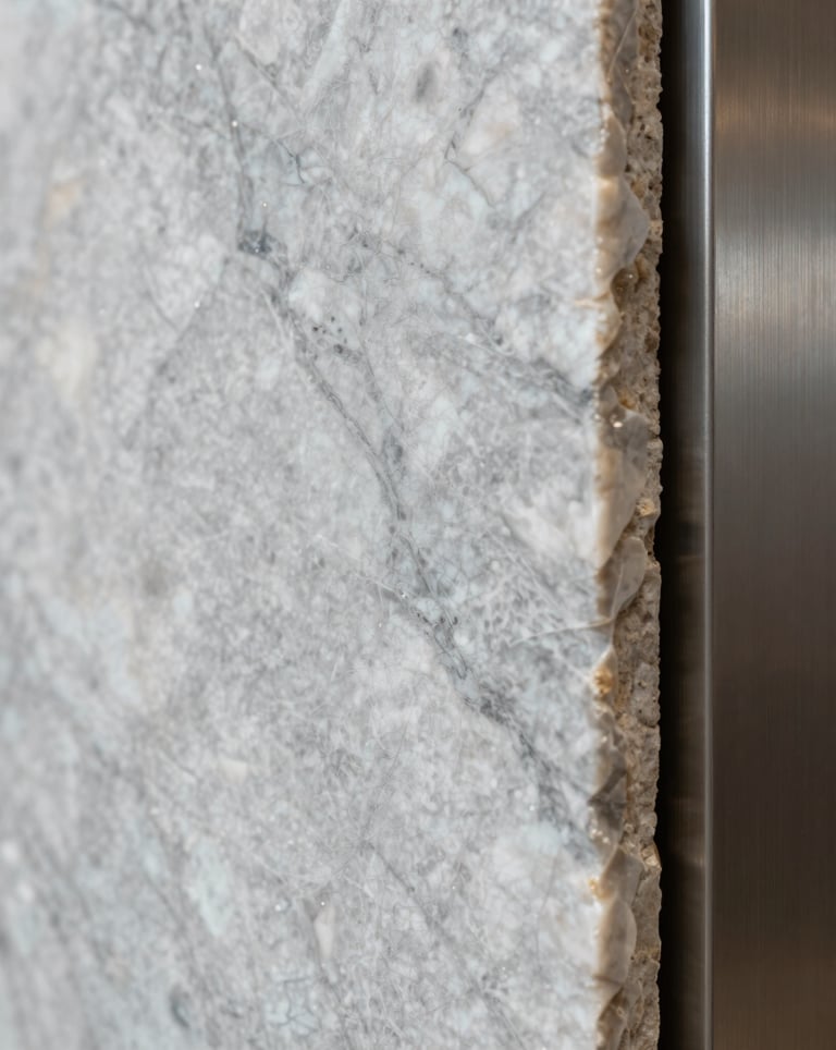 Detailed shot of high-quality architectural materials: a slab of grey-veined white marble meeting a brushed metal frame. The lighting is soft and diffused, creating a serene and sophisticated atmosphere indicative of premium real estate.