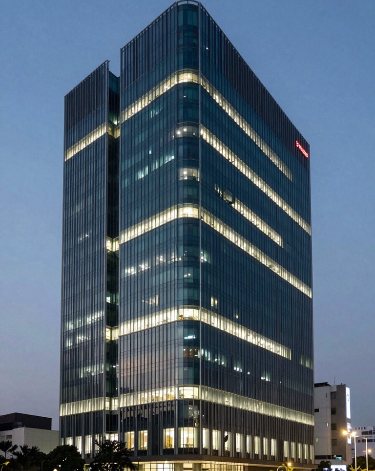 A professional architectural photograph of the Pasilainovation office in Surabaya, Indonesia, at dusk. The building is illuminated with deep teal and cloud white lights, looking very professional.