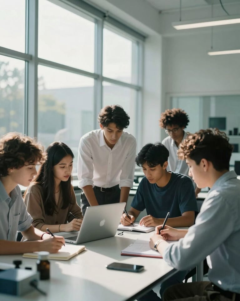 A diverse group of global students collaborating in a high-tech, glass-walled innovation lab. Sunlight streams in, creating a cloud white and soft muted cyan atmosphere.