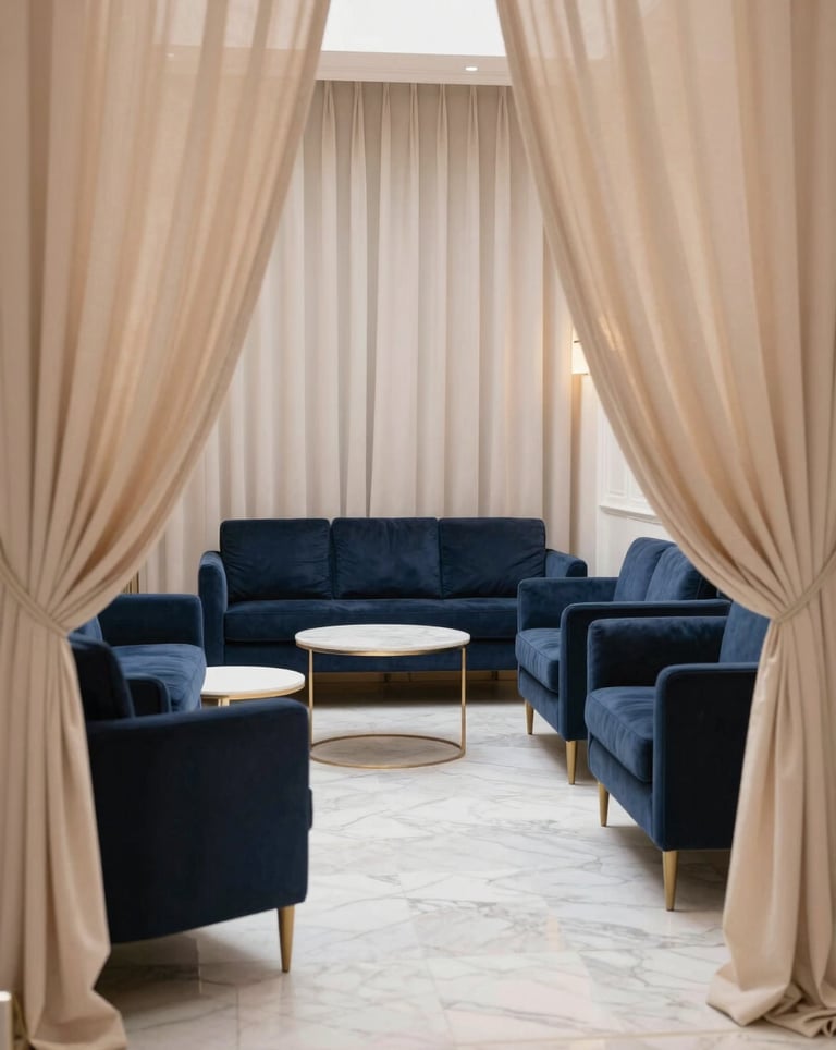 A lifestyle photograph of the elegant interior of the institute. Soft champagne drapes frame a view of a serene waiting area with dark navy blue designer furniture and off-white marble floors.