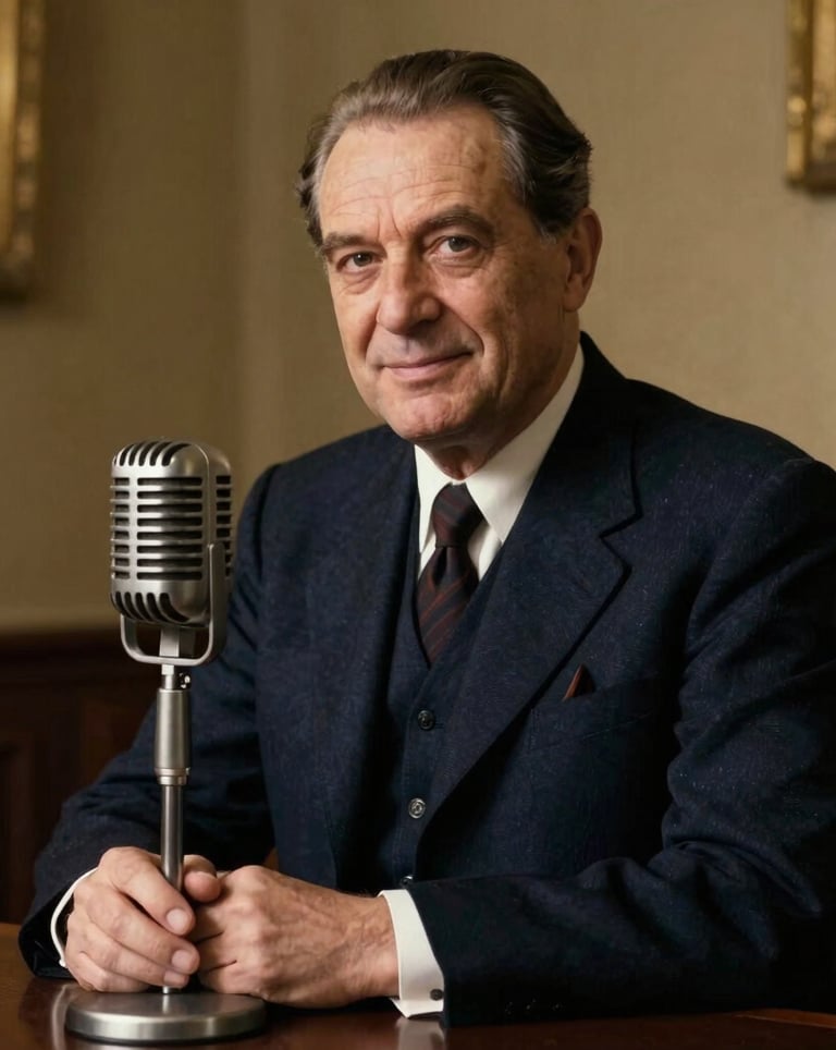 A professional, atmospheric portrait of a Romanian radio presenter from the mid-20th century sitting behind a classic heavy metal microphone. Shot in a warm, low-key lighting setup with gold and deep navy tones. Authentic Eastern European setting, wearing classic vintage formal attire, focusing on the sophisticated and intellectual aura.