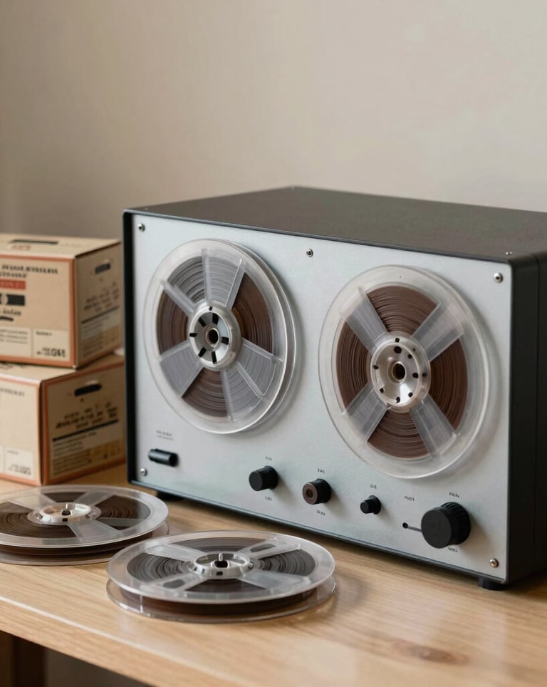 An artistic photograph of a high-end digital audio preservation workstation, where vintage magnetic tape reels are being digitized. Old tape boxes with Romanian annotations rest nearby. Soft, scholarly lighting showcasing a mix of vintage analog warmth and clean modern curation. Colors include warm light gray, slate blue, and terracotta.