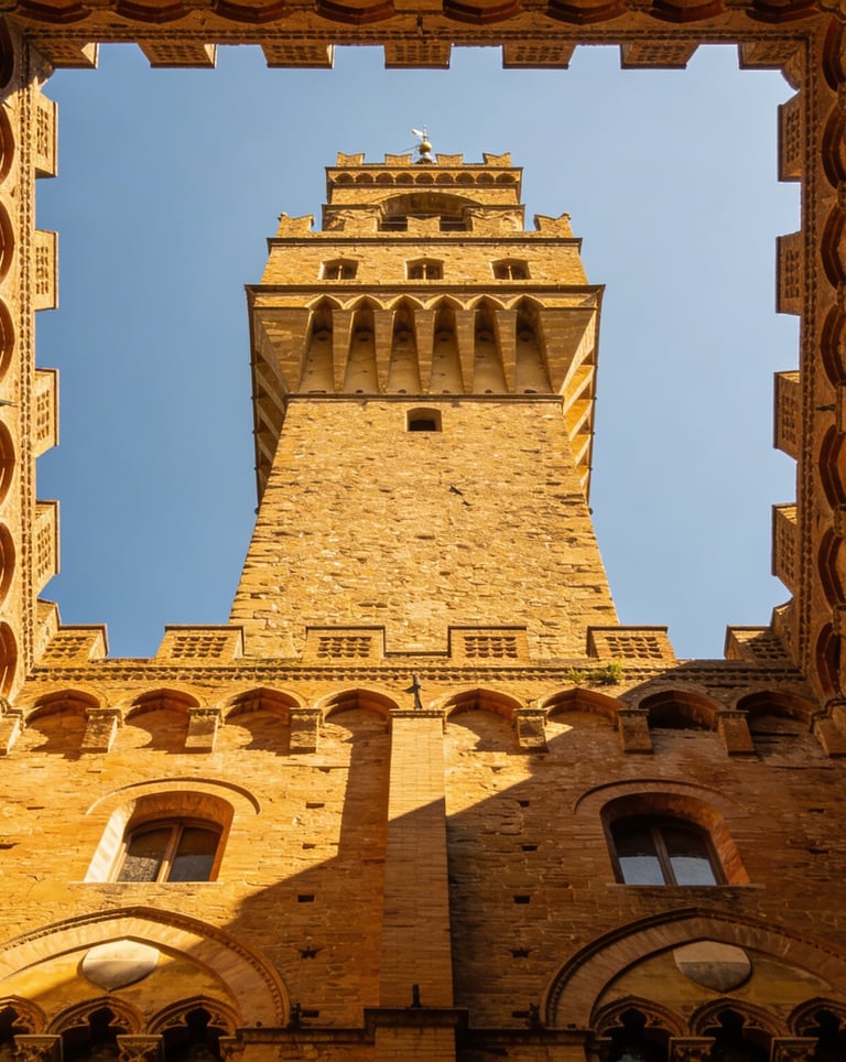 Low angle view of the historic Palazzo Vecchio tower and stone courtyard in Florence, Italy.