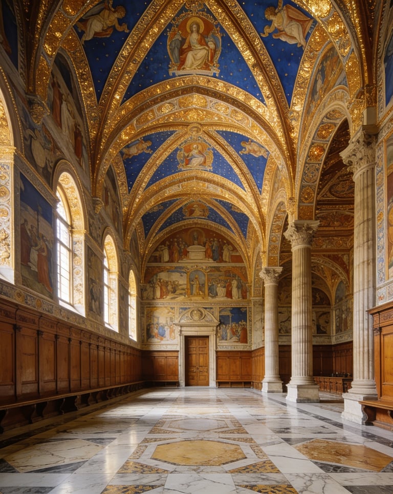 Ornate Italian cathedral interior with gold vaulted ceilings, religious frescoes, and marble floors.