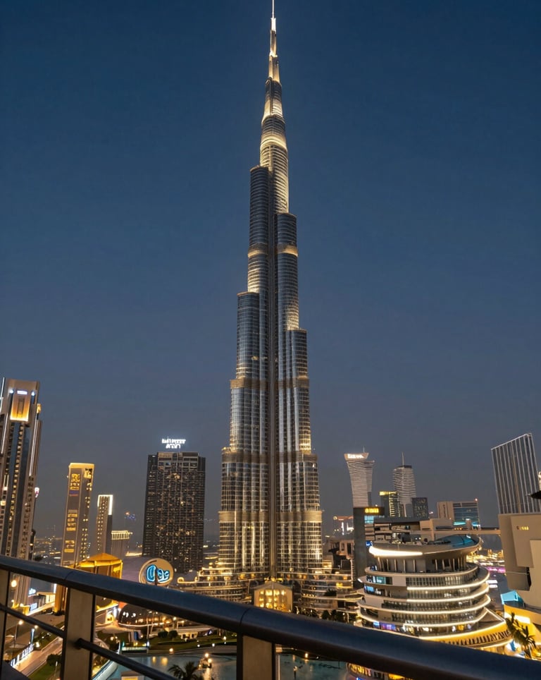 A luxury perspective shot from a high-rise balcony in a Middle Eastern / Gulf city looking towards the Burj Khalifa at twilight, with warm golden sand city lights and a dark navy blue sky.