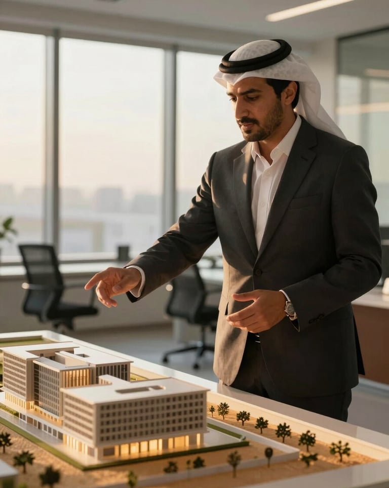 A professional real estate consultant in a modern Middle Eastern / Gulf office environment, gesturing toward a sleek architectural model, illuminated by warm golden sand sunset light.