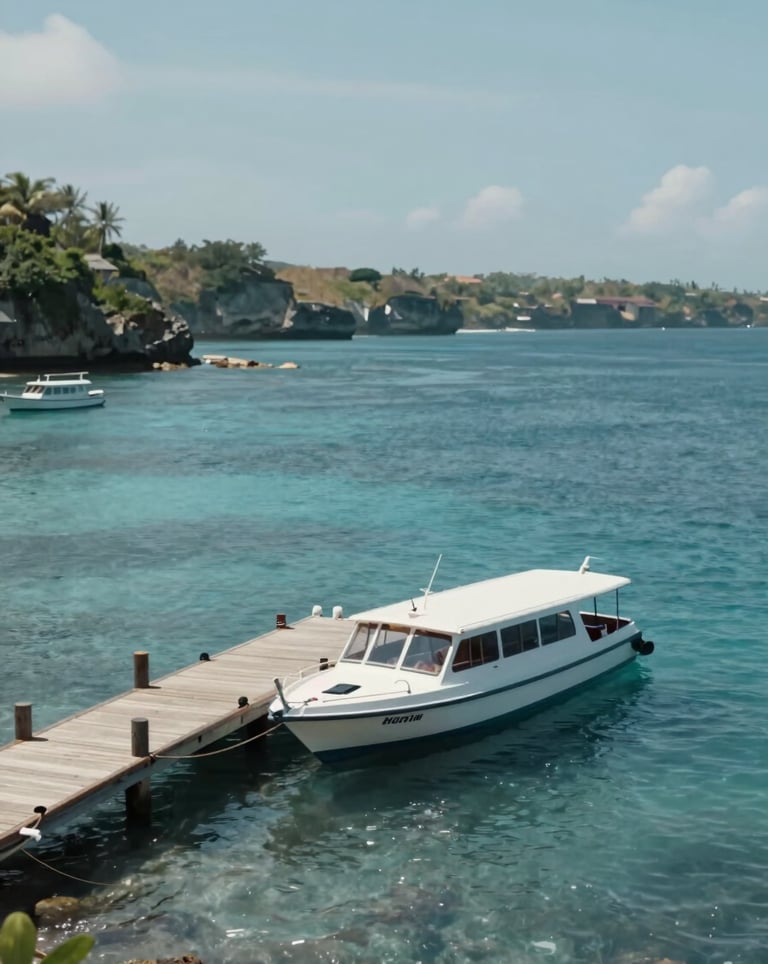 The private jetty at Nusa Penida with a Maruti Duta II boat docked. The water is clear blue, and the atmosphere is calm and organized. Wide angle shot, cinematic lighting with #78909C and #1B2D3B sea tones.