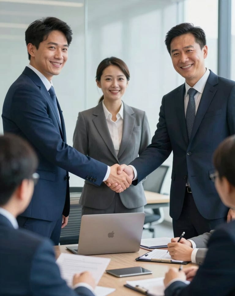 A professional meeting between Maruti Grup staff and ASITA representatives, showing a handshake or collaboration in a modern office setting. Professional, trustworthy atmosphere with corporate blue #1B2D3B and professional grey #78909C.