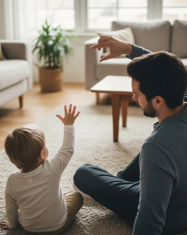 Child doing air drawing indoors at home with parent