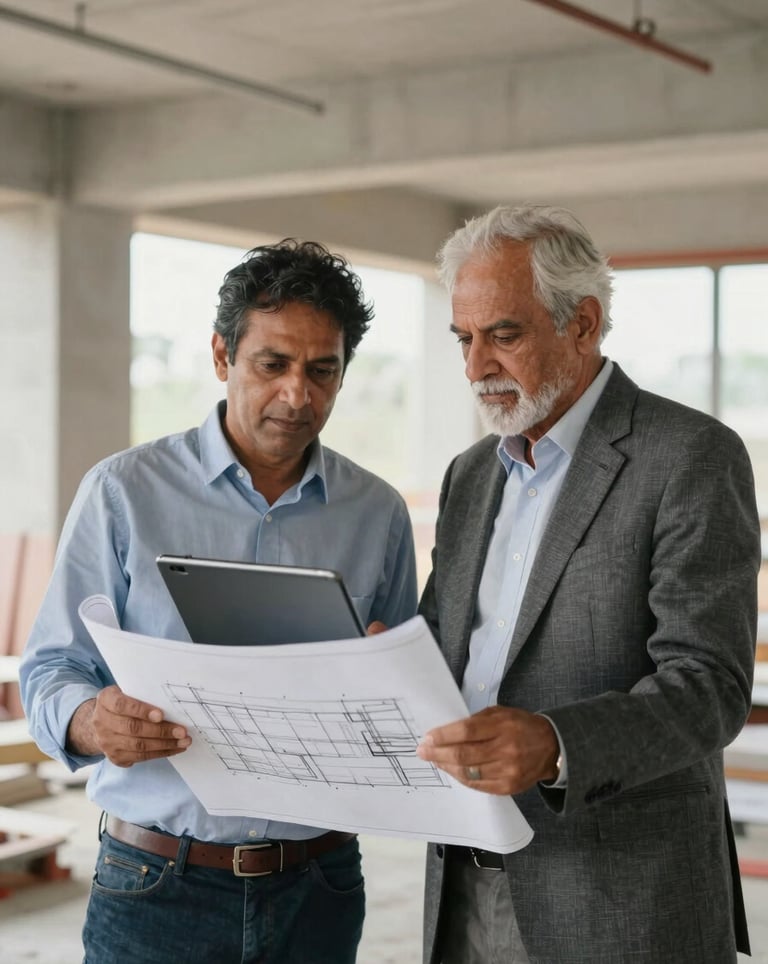 A professional portrait of a senior architect and site manager reviewing blueprints on a digital tablet at a modern construction site. Professional attire, South Asian context, architectural excellence.