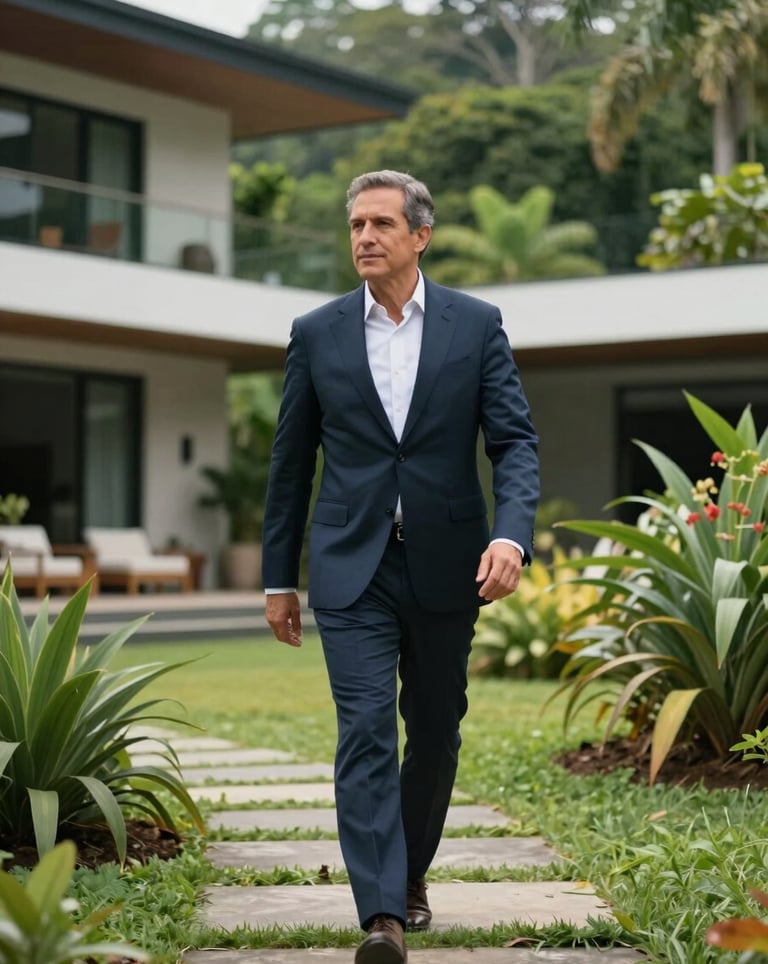 A portrait of a professional advisor walking through the gardens of a luxury estate in a Central American / Costa Rican setting. They are wearing sophisticated attire. Background shows a blend of modern architecture and rich emerald green nature.