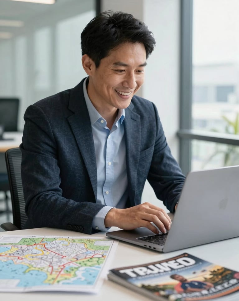 A professional North American travel consultant smiling in a modern, bright office, using a laptop while a physical map and luxury travel magazines sit on the desk, illustrating trusted guidance.