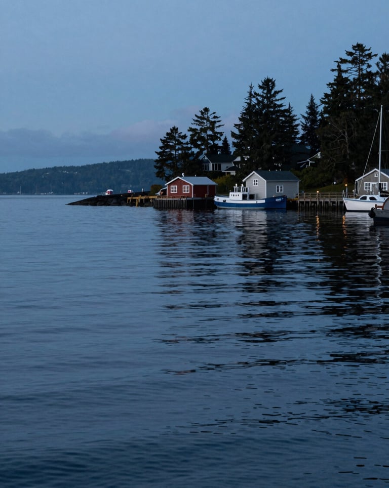 An evocative evening photograph of a calm harbor in the North American Pacific Northwest, with soft light blue and dark blue reflections on the water and a sense of quiet adventure.