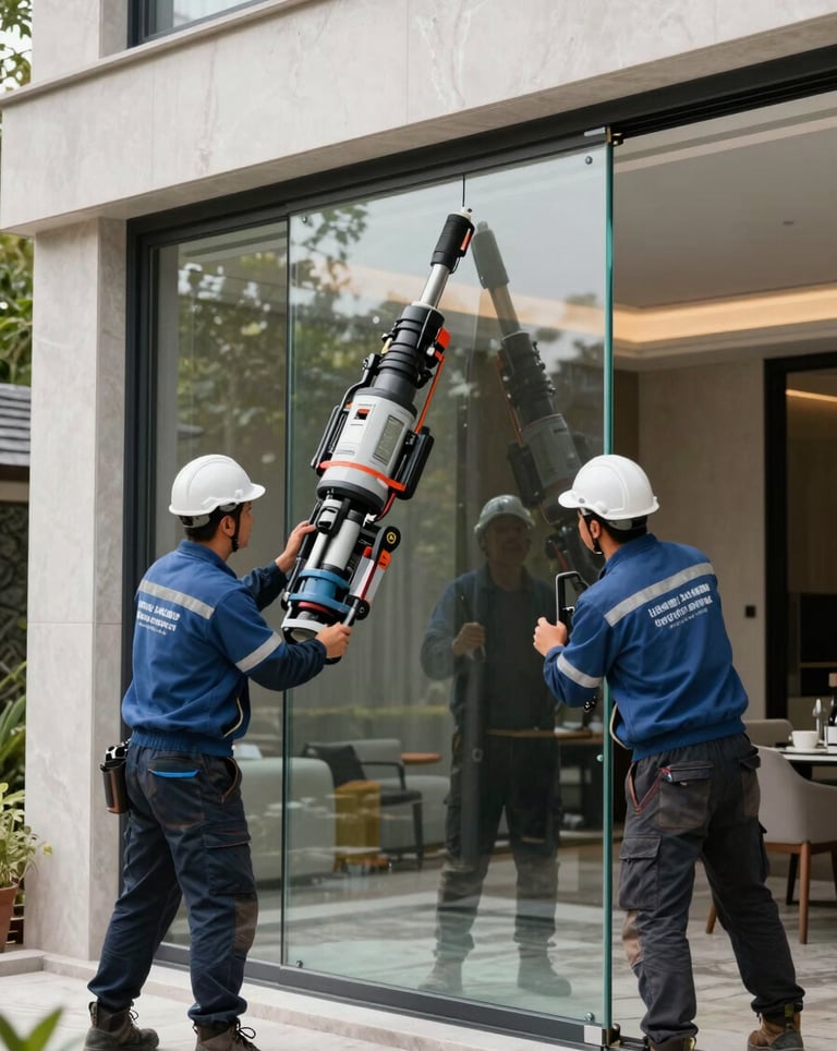 An action shot of a professional construction crew in clean, branded gear using a specialized vacuum lifter to install a large format glass panel into a luxury villa frame. High-tech, safe, and professional environment.