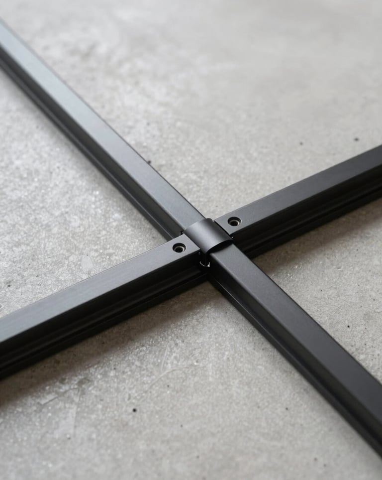 Detailed close-up of a minimalist sliding door track recessed perfectly into a light gray concrete floor. The focus is on the precision alignment and the sleek matte black finish of the ultra-thin aluminum rail.