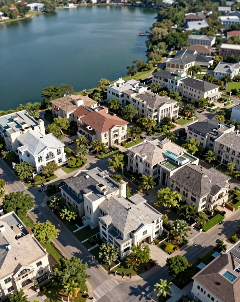 Aerial view of a luxury residential community in Austin near the lake, showing beautiful architectural rooftops and lush green spaces. High-quality drone photography with a focus on scale and exclusivity.