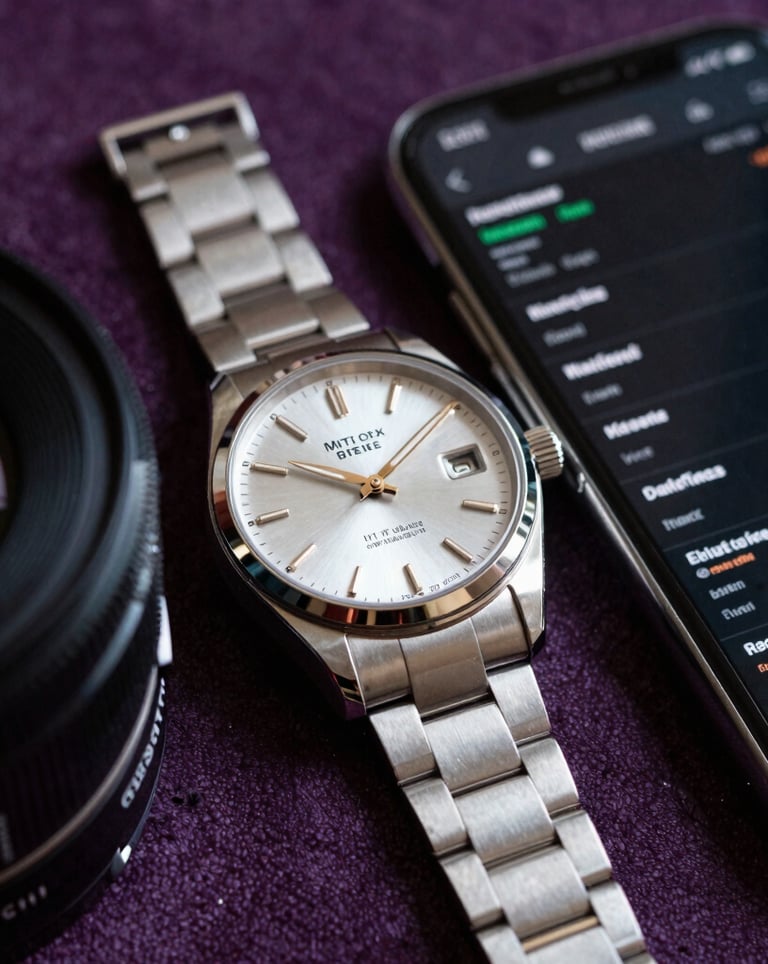 A close-up photograph of a luxury silver watch next to a smartphone displaying a sleek, dark-themed stock trading application. Set in a North American / US private club with deep purple accents.