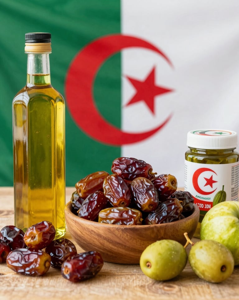 A vibrant marketplace showcasing Algerian agricultural products ready for export.