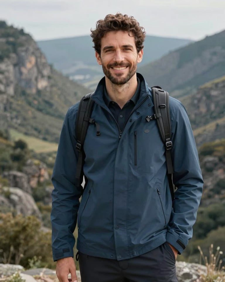Portrait of a friendly Southern European tour guide in smart outdoor attire, standing in front of a scenic valley. Soft natural lighting, professional and modern style, muted blue and charcoal tones.