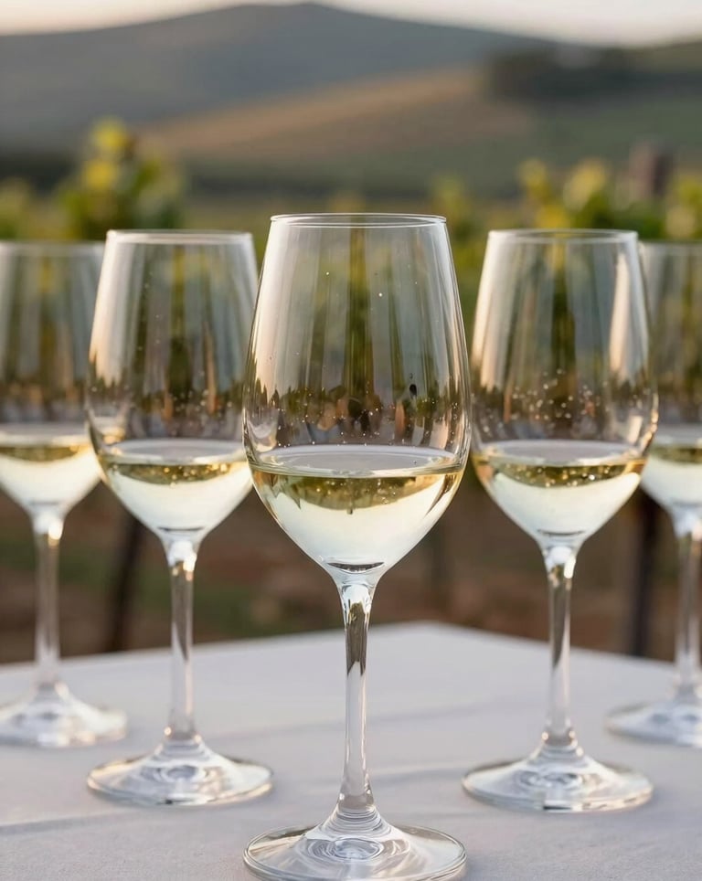 Close-up of a wine tasting at a Southern European vineyard. Elegant crystal glasses filled with white wine, set against a background of rolling hills at golden hour. Sophisticated and serene exploration vibe.