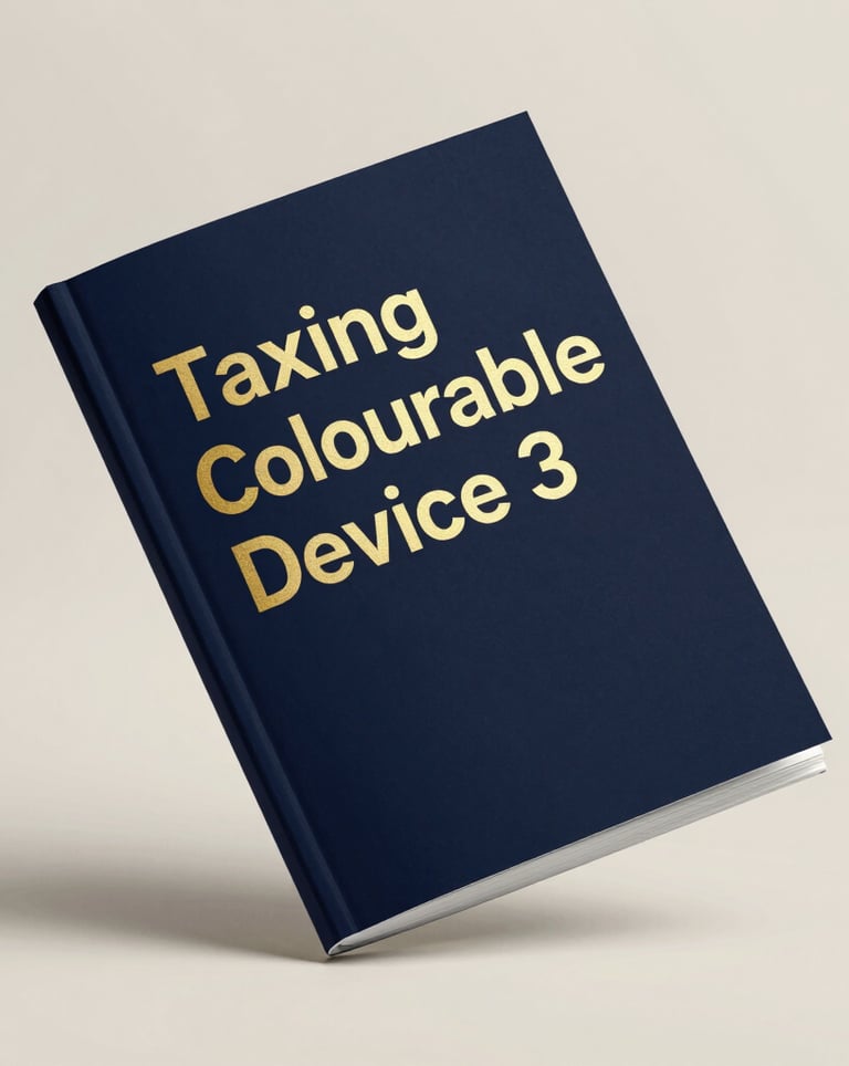 A 3D tilted book cover mockup titled 'Taxing Colourable Device' with gold foil accents on a deep midnight navy background, floating over a clean ivory surface with soft drop shadows.
