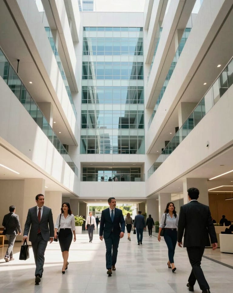 An wide-angle architectural shot of a modern business center in Mexico City. North American / Mexican professionals are seen walking through a bright, sun-lit lobby. The color palette includes light off-white and bright cyan reflections.
