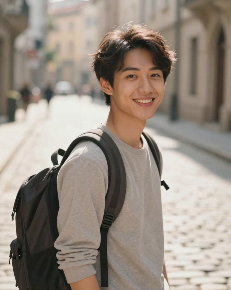 A natural, warm portrait of a smiling person with a backpack, standing in a sunlit cobblestone street. Soft focus background with #F8F4EF and #D3B386 tones.