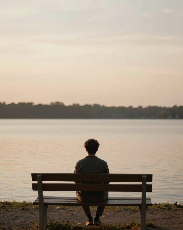 A person sitting on a wooden bench overlooking a quiet lake at dusk, with deep brown #4A3D36 shadows and soft cream #F8F4EF sky. Peaceful and intimate.