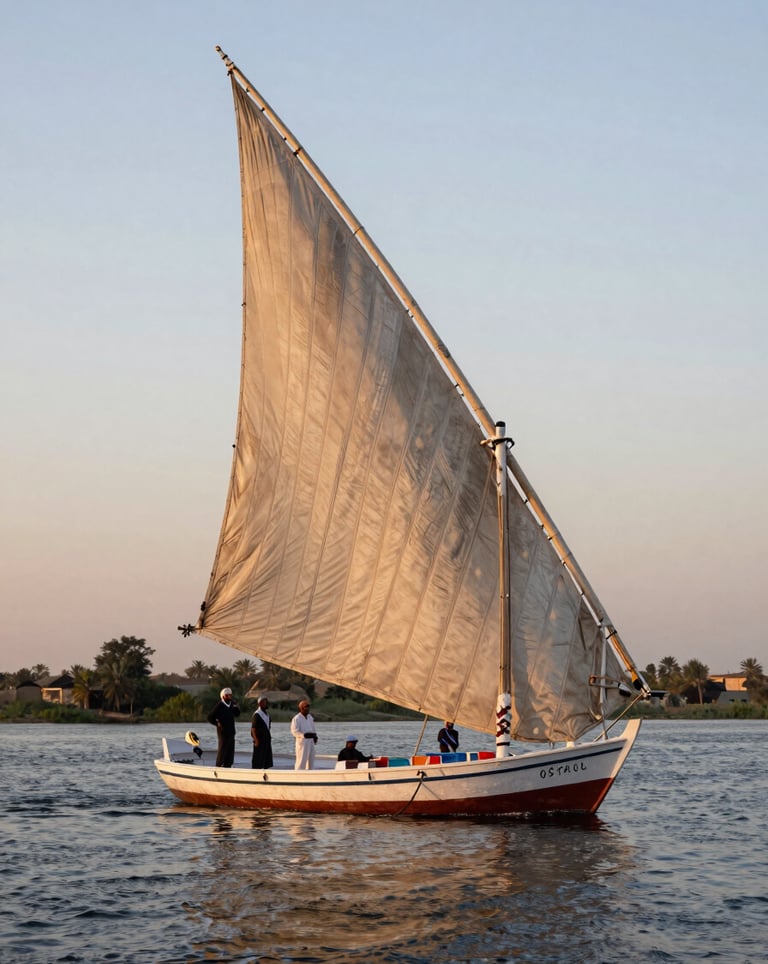 A traditional wooden Dahabiya sailing boat with large alabaster white sails gliding slowly on the Nile river. North African / Egyptian crew members are visible on the deck during a soft sunset.