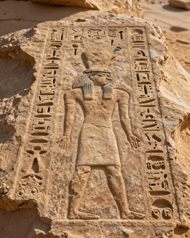 Macro photography of intricate ancient Egyptian hieroglyphics carved into desert sand colored limestone. Soft morning light creates shadows that highlight the depth and detail of the carvings.