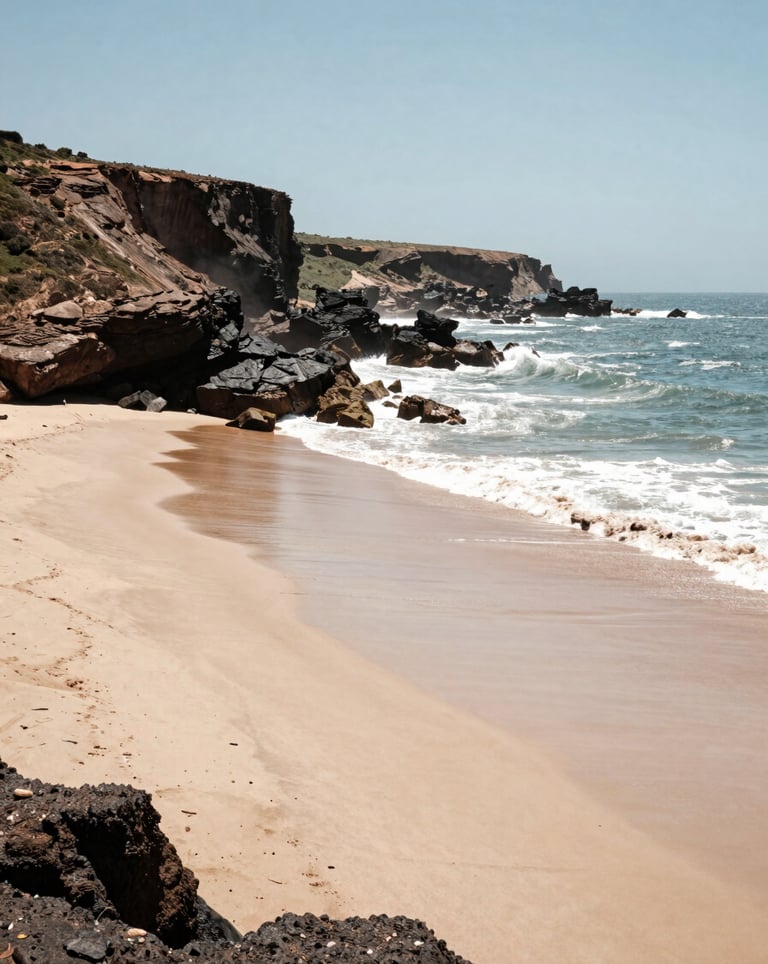 A panoramic view of the Atlantic coast near Agadir, featuring soft sand beaches and a deep espresso rocky cliffside under a bright sky.
