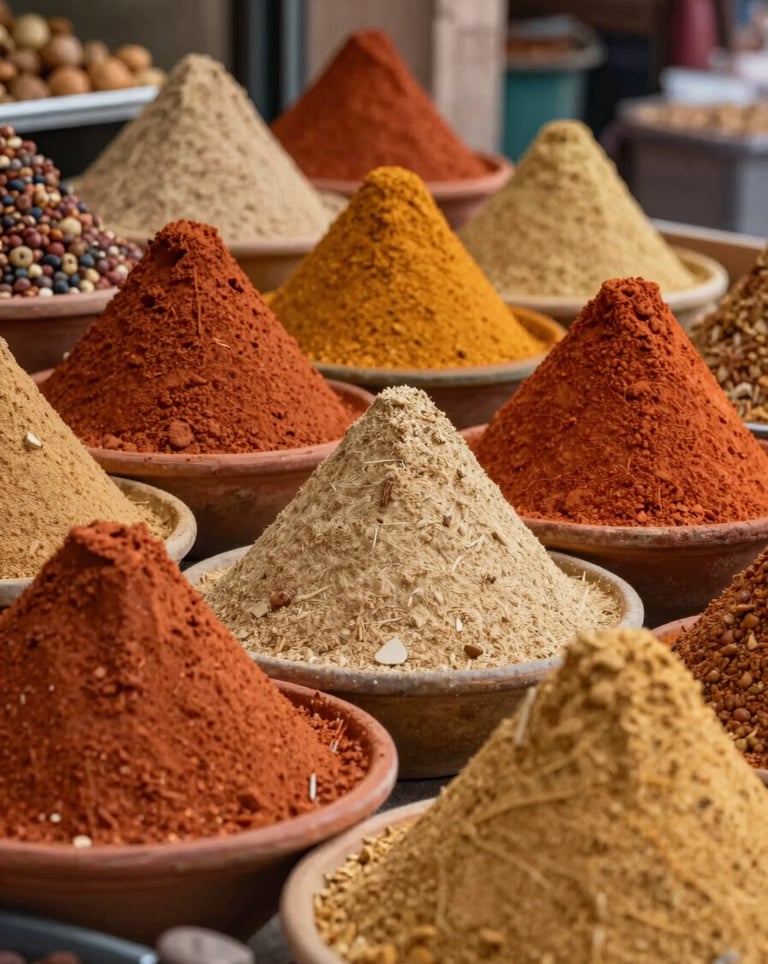 A vibrant and artistic shot of Moroccan spice pyramids in a medina market, showing colors of warm terracotta, soft sand, and ochre.