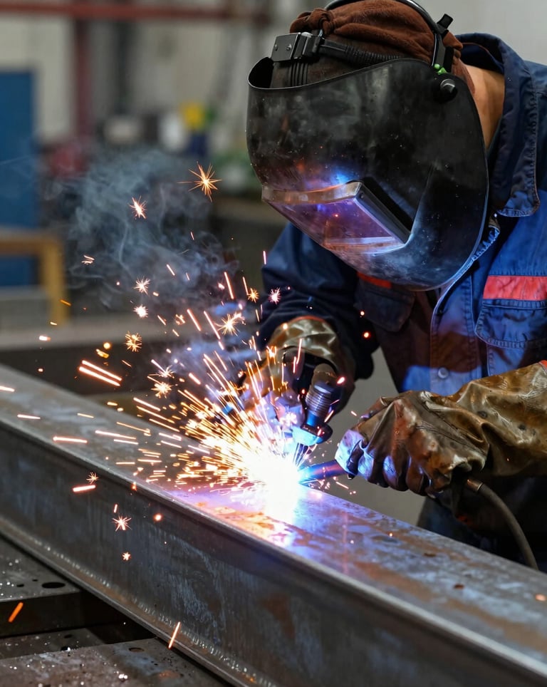 A focused close-up of a professional welder in protective gear working on a heavy steel plate in a North American / US factory. Bright orange sparks contrast with the dark steel and slate blue environment, capturing the craftsmanship and strength of American industry.