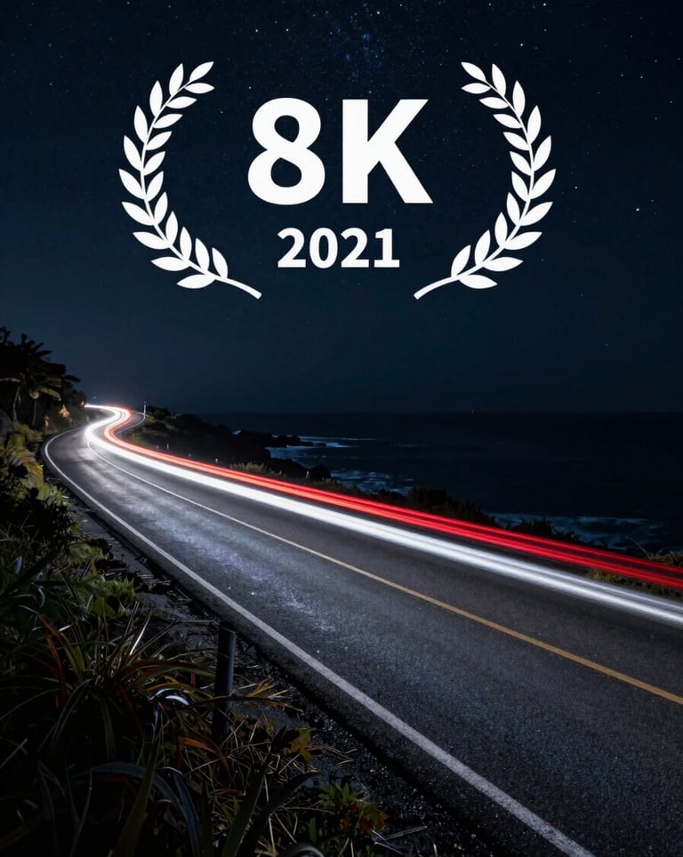 A long-exposure shot of car light trails—red and white—streaking across a dark slate charcoal coastal road under a starry night sky.
