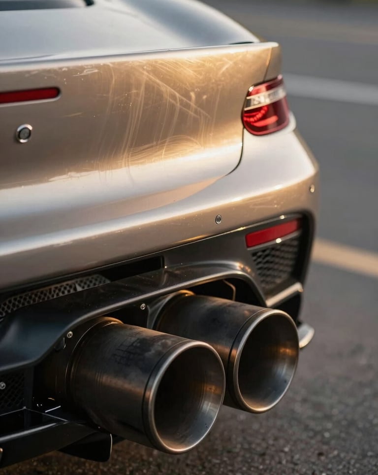 A detail shot of a roaring exhaust on a supercar, with heat waves shimmering and a subtle reflection of burnished champagne gold light on the metal.