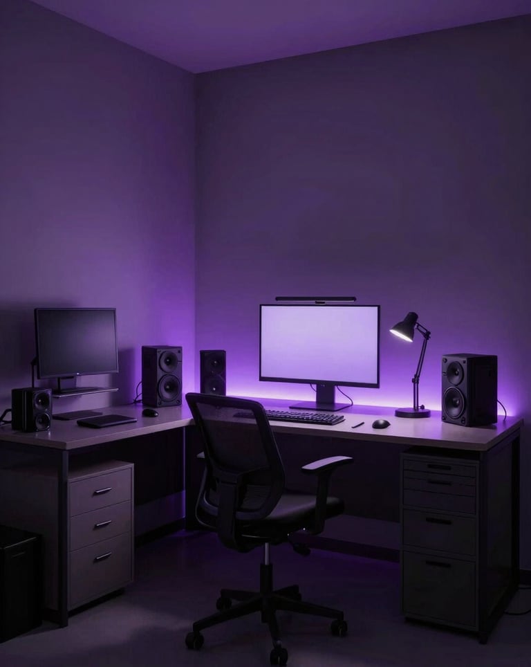 A minimalist, dark charcoal creative studio in North America with architectural lighting. Sleek workstations and premium tech equipment under a soft purple atmospheric glow.