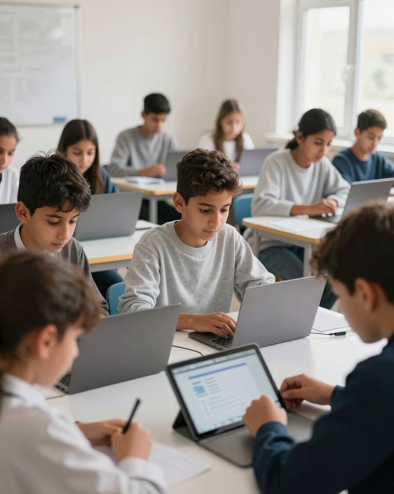Photography of an educational setting in Morocco, showing a diverse group of young students engaged in a learning session with modern digital tools, bright and inspiring atmosphere.