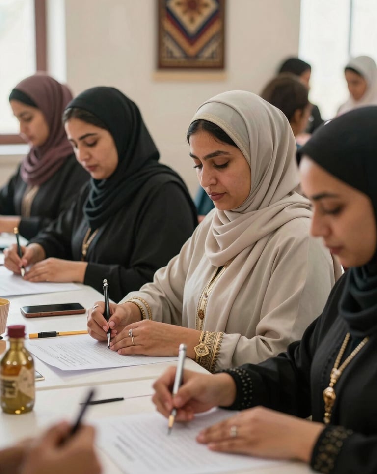 Photography of a group of Moroccan women participating in a skills-training workshop, focused and empowered expressions, soft natural light, traditional motifs visible in the background.