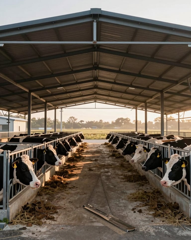 A wide, cinematic shot of a modern livestock facility at dawn. The structure is symmetrical and clean, with soft beige morning light illuminating the orderly pens. The style is industrial but elegant.