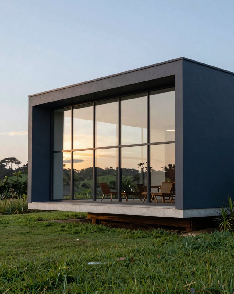 Photography of a modern architectural clubhouse with glass walls and dark blue accents, overlooking a green landscape in Brazil, early morning light.