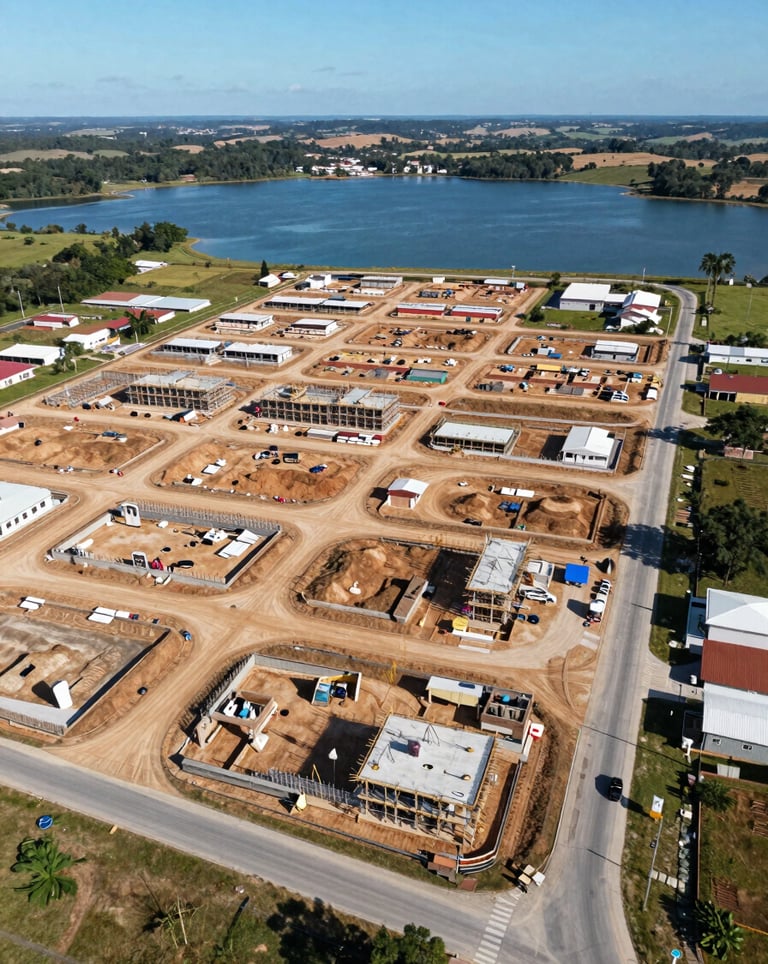 Professional drone photography of a residential construction site in Formosa, GO, showing organized plots, paved roads, and the beautiful blue lake in the background under a bright sun.